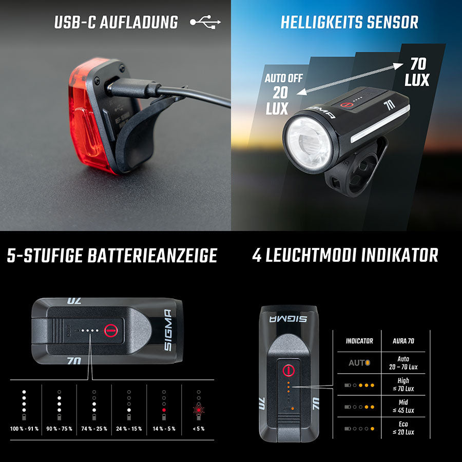 Rechargeable lighting set AURA 70 & HIRO 10 USB-C - black